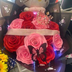 Handmade Ribbon Rose Bouquet with Hello Kitty 🎀🌹✨