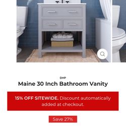 DHP MAINE 30 INCH BATHROOM VANITY WITH CARRERA COUNTERTOP AND RECTANGULAR CERAMIC SINK, GRAY/SILVER