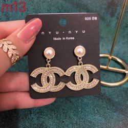 14k Gold Plated CC Pearl Drop Dangle Earrings 