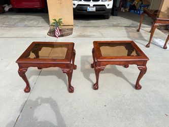 Pair of Cherry Wood Glass Top End Tables
