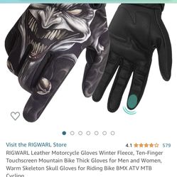 RIGWARL Leather Motorcycle Gloves Winter Fleece, Ten-Finger Touchscreen Mountain Bike Thick Gloves for Men and Women, Warm Skeleton Skull Gloves for R