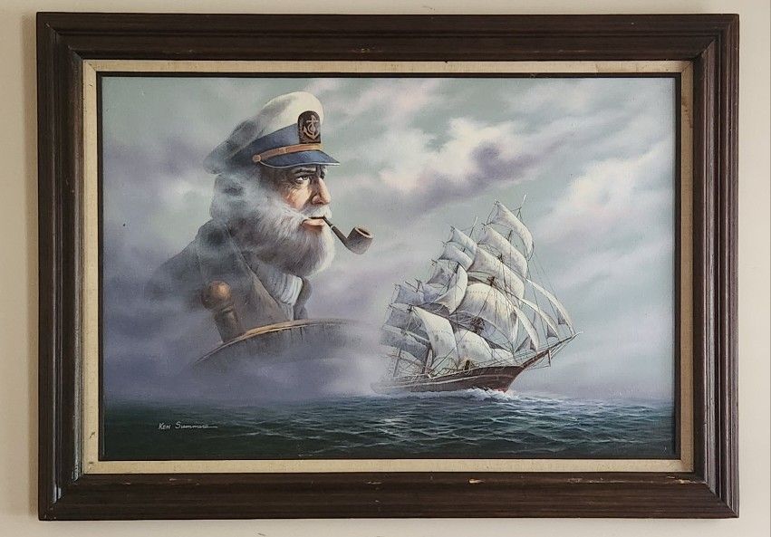 Vintage Clipper Ship Sea Captain Painting Signed Ken Summers 43"x31"