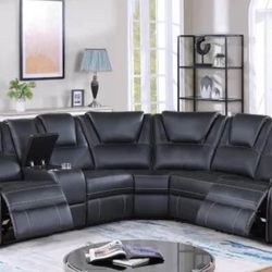 POWER GREY LEATHER RECLINER SECTIONAL 