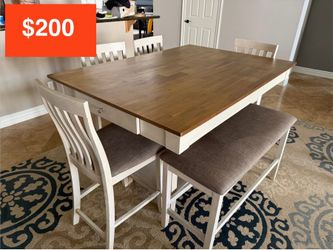 Bar Height Dining Table with Upholstered Bar Stools and Bench