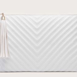 New White Chevron Clutch Bag With Gold Strap And Tassel