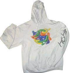 The Kenny Scharf White Hooded Sweatshirt in Men's size Large is a stylish and comfortable outerwear option for casual occasions. Made from cotton and 