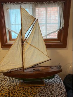 HANDMADE WOODEN  ANTIQUE SAIL BOAT FROM  the 1940’s on stand