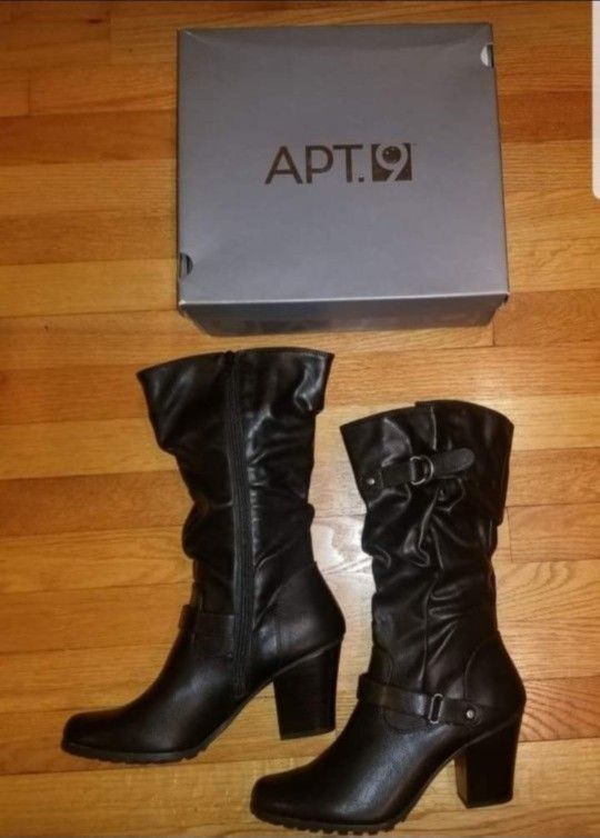 NIB Womans Apt9 Black Leather Heeled Zippered Side Boots