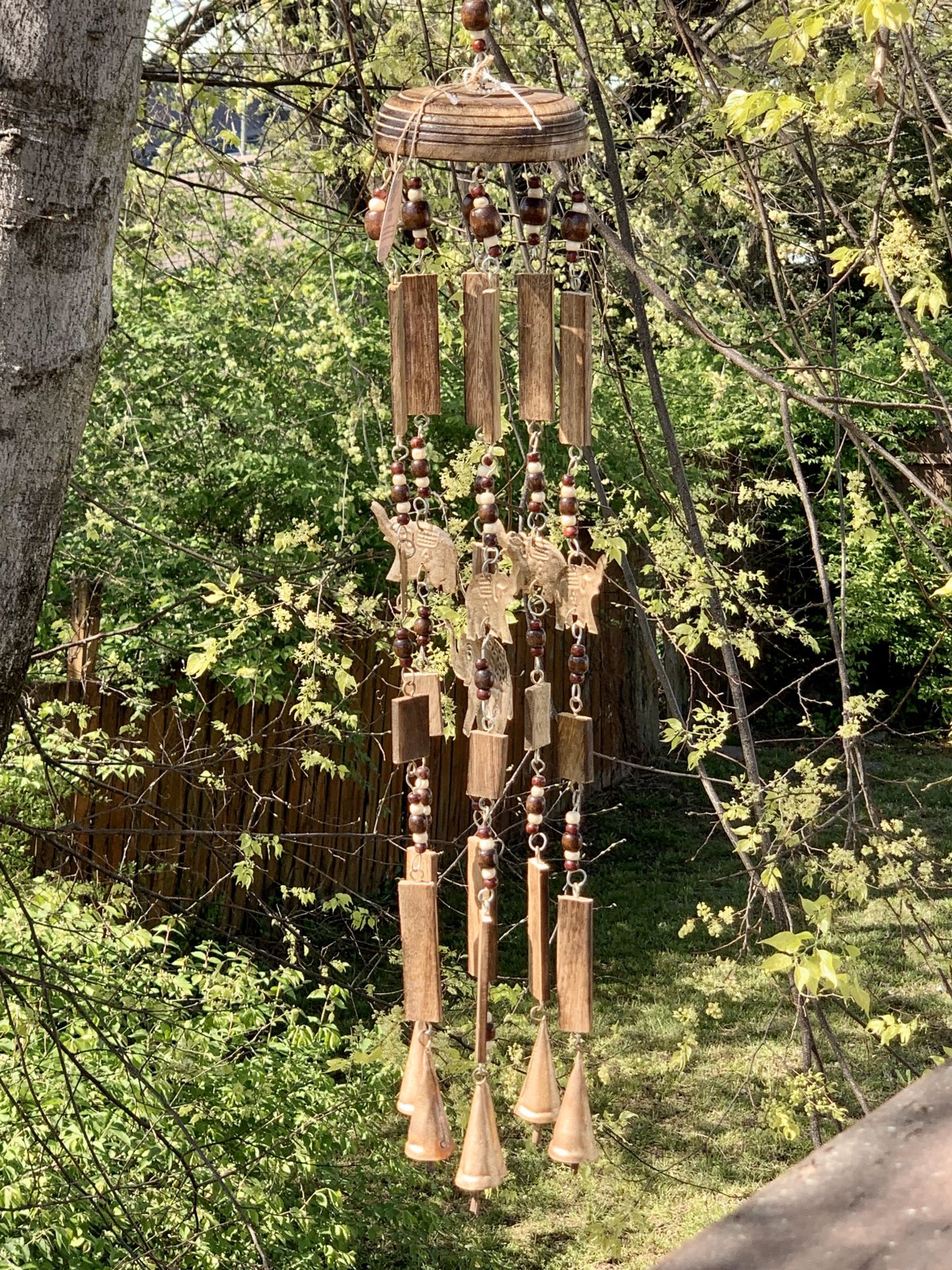 Artisan Handcrafted Large Retro Vintage Style Wooden Beaded Elephant Wind Chime Mobile