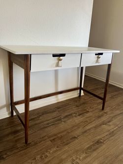 Two Toned White And Wood Desk With Leather Blush Knobs