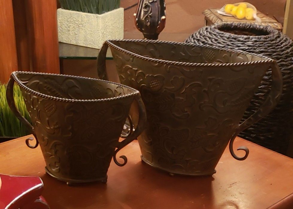 2 Metal Victorian Vases With Ball Feet.