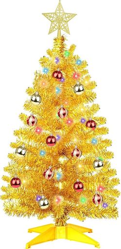 3 Ft Gold Tinsel Christmas Tree Dual Color Change 12 Modes Timer DIY 50 Warm White & Multicolor Lights Star Small Artificial Full Xmas