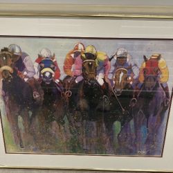 Framed Double Matted Equine Art by Yoel (Del Mar Thoroughbred Club Horse Racing Where The Turf Meets the Surf ?!) 🖼️  Approx 35 X 1 X 28 * Hairline c