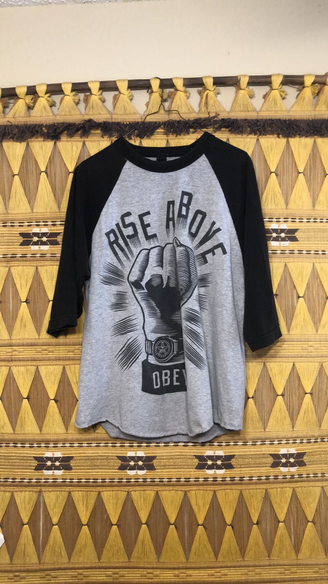Large used obey rise above raglan baseball shirt used heavily but fair/ good condition me s tee obey rise above shirt size large gray with black mediu