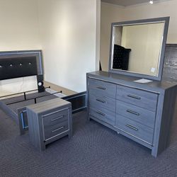Lodanna Gray LED Panel Bedroom Set Bed, Dresser, Mirror, Nightstand 
