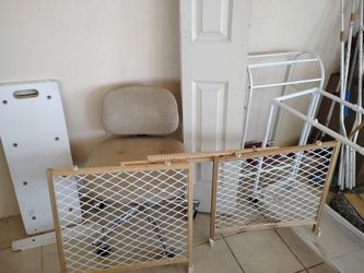 Misc items : white shelf, white gate, shutters, chair, cart, etc