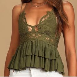 Free People Adela Cami Tank Top in Olive Green, Medium