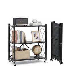 New 3 Tier Foldable Storage Shelves with Wheels, Metal Collapsible Organization Storage Rack, No Assembly Folding Bookshelf, Rolling Storage Rack for 