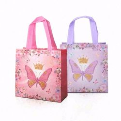 40 Butterfly Crown Gift Bags, Non-Woven Reusable Tote Bags, Pink Purple Gold