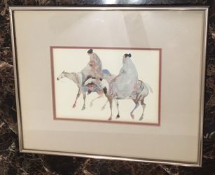 Carol Grigg Framed Print, Vintage 1980 Brides Walk, Gango Gallery, Native American Women on Horses, Watercolor