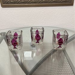 Set of Three Hand Painted Glass Votives With Tea Lights
