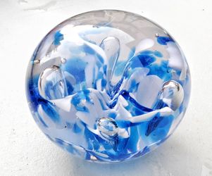 Blue and white bubble paperweight 3" x 3" unsigned
