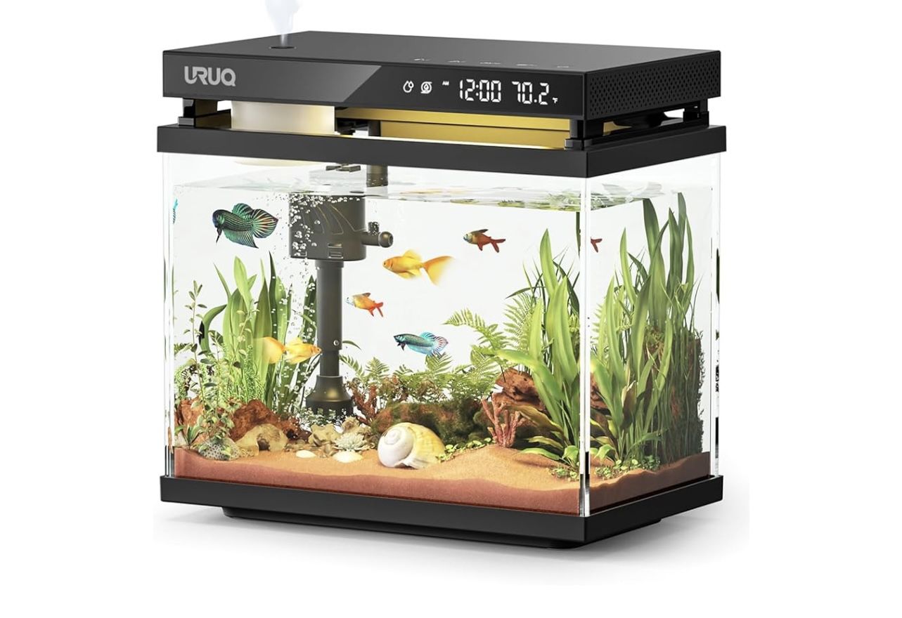 Fish Tank Smart Aquarium Kit: URUQ 2Gal UHD Glass Silent Pump Self Cleaning Multi-Layer Filtration System - 7 Color Lights Fragrance Diffuser Humidifi
