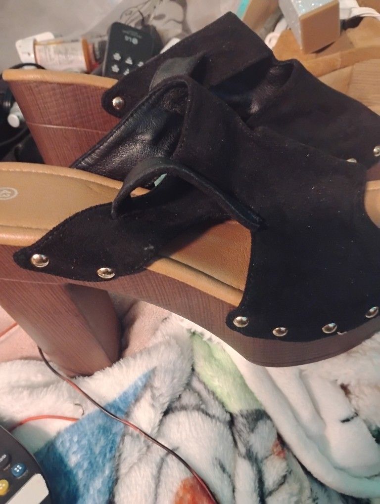 black wooden heels