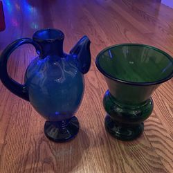 2 Colored Glass Vase Glassware Pitcher - Vintage