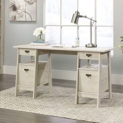 Sauder Trestle Office Desk with Drawers, Executive Desk Writing Desk with File Cabinet Storage and Shelves, Cable Management, in Chalked Chestnut