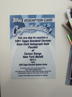Topps Update 2026 Carson Benge Gold Auto Redemption Card