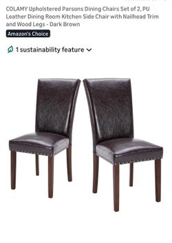 COLAMY Upholstered Parsons Dining Chairs Set of 2 Dark Brown PU Leather Nailhead Trim