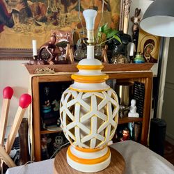 1970’s Oversized Ceramic Lattice Lamp With Glowing Nightlight Center 25” Tall