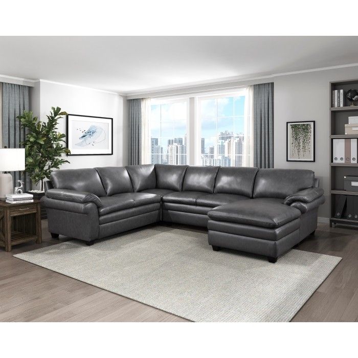 Brand New Gray Real Leather 4-Piece Sectional with Right Chaise (98 x 125 x 37H)