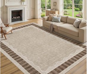 8x10 Scalloped Area Rug, Large Washable Rug – Soft Non-Slip Backing Thin Floor Mat Carpet for Living Room Bedroom Dining Room Playroom Nursery Home De