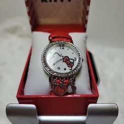 Hello Kitty Watch Silver Crystal Bezel Kitty Charms Red Leather Strap Bling Y2K 