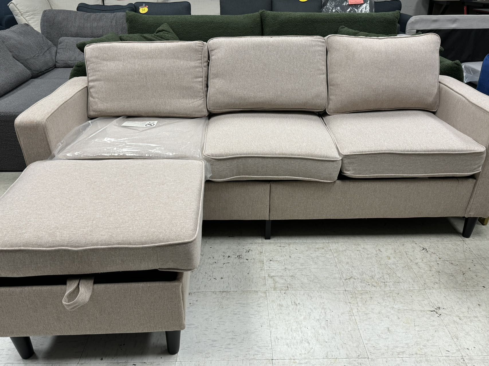 86" Convertible Sectional Sofa Couch, Linen Upholstered 3 Seaters L Shape Sofa with Movable Storage Ottoman and Side Pockets for Living Room, Apartmen