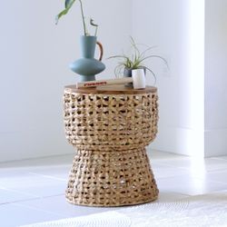 New Designer Accent Table — Wood Top & Woven Base, Never Used