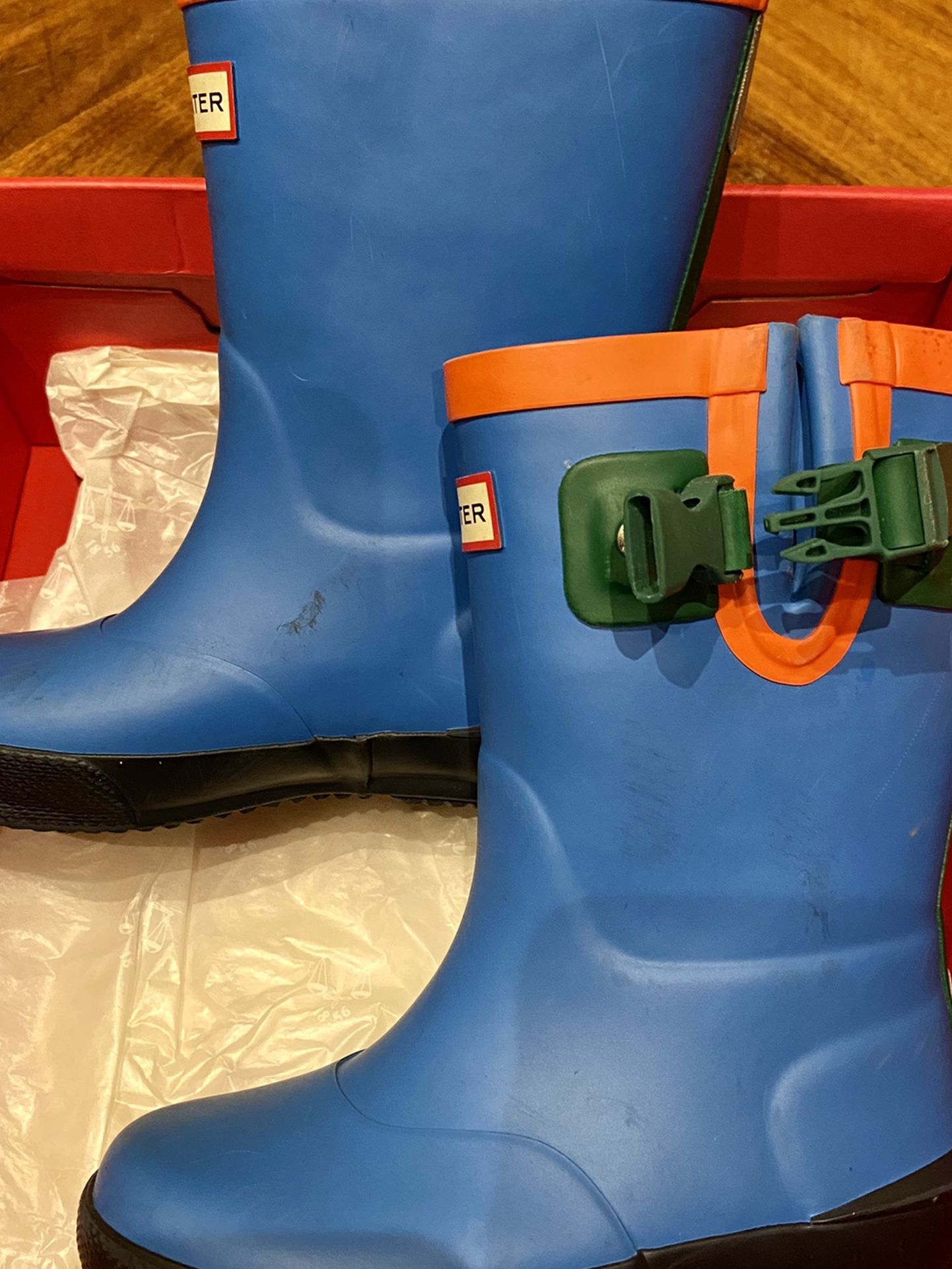 Kids Hunter rain boots (blue w/ orange trim)