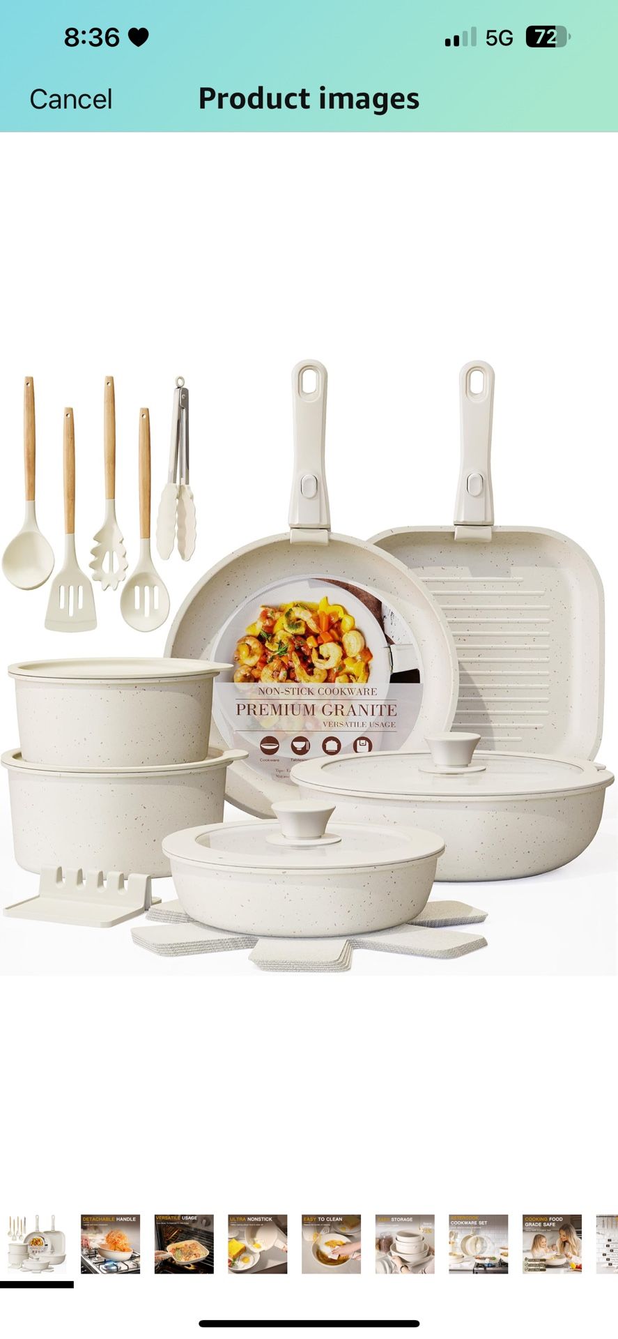 Astercook Pots and Pans Non Stick Ceramic Cookware Set Detachable Handle, RV Stackable Kitchen Cooking Set Removable Handles, Oven Safe, Induct