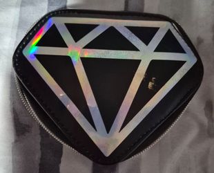 Diamond-Shaped Black Silver Faux Leather Hard Eyeglass Case Zipper Closure