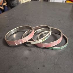 Set Of 4 Mid 20th Century Silvertone Bangles W/Mother-Of-Pearl Inlay, Pastel Colors & Shimmering Iridescence-Gorgeous 2.5" Opening