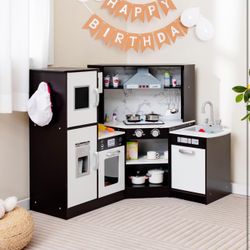 Corner Kids Kitchen Playset, Modular Wooden Play Kitchen for Toddlers, Range Hood, Separated Washing Basin, Little Chef Pretend Toy Kitchen Set w/Ligh