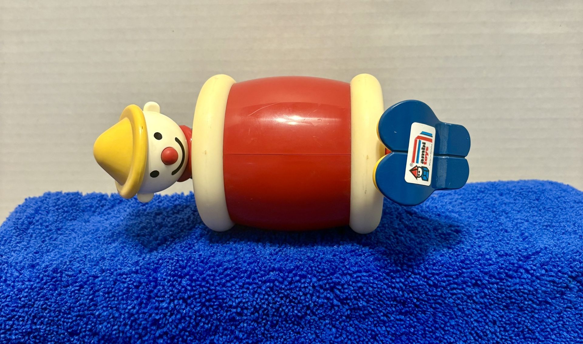 Ambi Toys Roly Poly Clown in Barrel Vintage 1980s Roll Toy