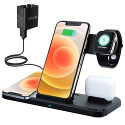 Wireless Charger, 15W Max 4 in 1 Fast Wireless Charging with Qc 3.0 Adapter for Apple iWatch/AirPods Series/iPhone 12/11/ Pro Max/XR/XS/X/ 8/ Galaxy S