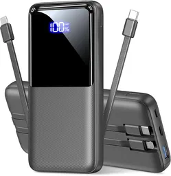Power Bank Fast Charging 15000mAh, Portable Charger with 2 Built-in Cables & 3 Ports, Powerbank with LED Display, Battery Pack Compatible
