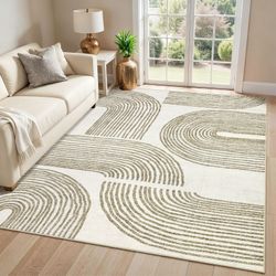 10x13 Area Rug Indoor Non-Slip Beige  Large Carpet Thin Soft Washable Living Room Bedroom