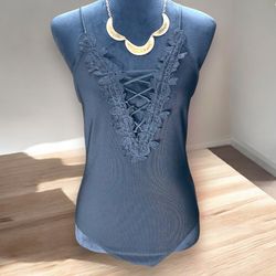 Express Black Ribbed Deep V Corset Laced Front Bodysuit Size Medium Crochet Sexy
