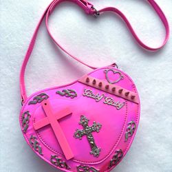 ✨ NEW PINK IRIDESCENT HEART PURSE CROSSBODY GOTH CROSS GRUNGE SPIKES FLAMES ✨