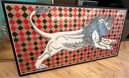 Large Framed Lion Artwork Mixed Media Painting